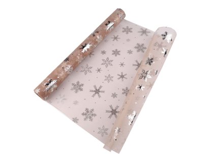 Vánoční organza s vločkami šíře 50 cm (Balení 4.5 m, Varianta 1 béžová stříbrná)