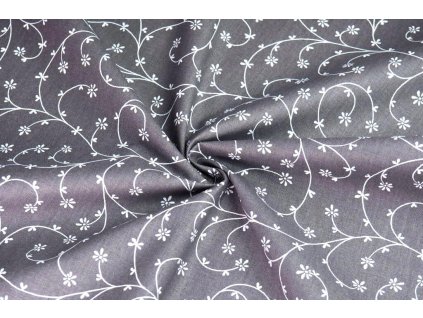 Bavlněné plátno popínavé lístky bílé na šedé