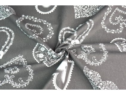 Bavlněné plátno bílá krajková srdce na šedem podkladu