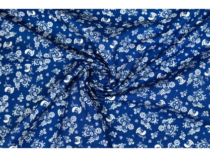 24932 bavlnene platno folklorni motiv s ptacky na modre