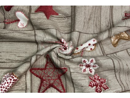 Bavlna režná vánoční dekorace na dřevě
