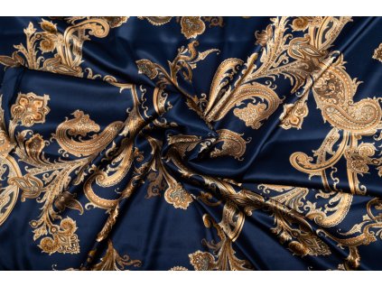 Umělé hedvábí / Silky Armani zlaté kašmírové ornamenty na tmavě modré