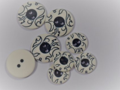 Knoflík dvoudírkový plastový bílý s modrým středem a listky dvě velikosti (průměr 14 mm)