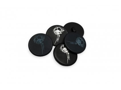 Knoflík ozdobný černý s květy s krčkem průměr 30 mm (Vzor černý s šedomodrým květem)