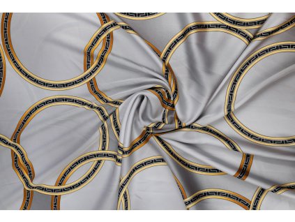 Umělé hedvábí / Silky zlaté vzorované kruhy na stříbrné