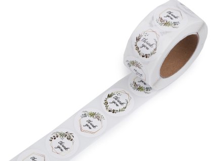 Papírové samolepky Handmade with love, thank you Ø25 mm (Balení 1 role, Varianta 3 (thank you) bílá růžová)