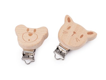 Dětský klip dřevěný medvídek, kočka (Balení 1 ks, Varianta 1 přírodní medvěd)