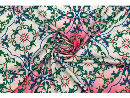 umele hedvabi silky modre geometricke obrazce se zelenymi krucanky