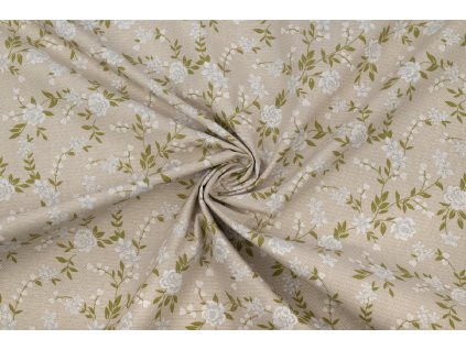 bavlnene platno ruze a zelene listi na piskove