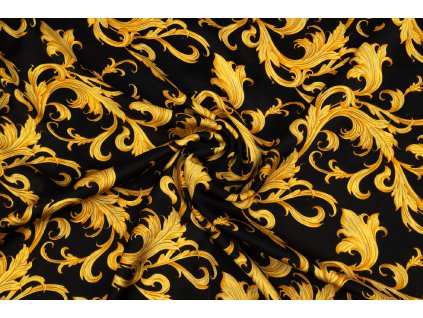 Umělé hedvábí / Silky zlaté květinové ornamenty na černé