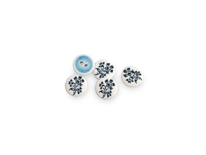 97485 knoflik dvoudirkovy plastovy 18 mm bily s modrou kvetinou