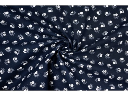 bavlnene platno bile kvitky s listky na modre 2
