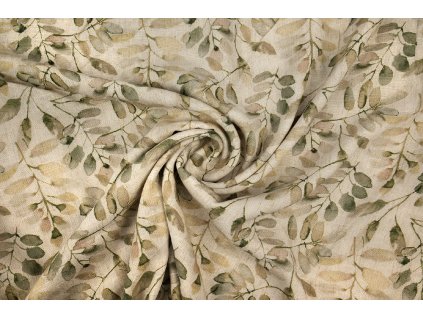 viskozova tkanina s primesi lnu zelene listi na piskove