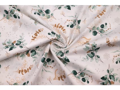 bavlna rezna vanocni eukalyptus s glitry na bile