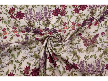 123882 viskozova tkanina fialove a ruzove kytky na smetanove