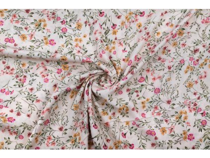 viskozova tkanina ruzove a zlute kviti na bile