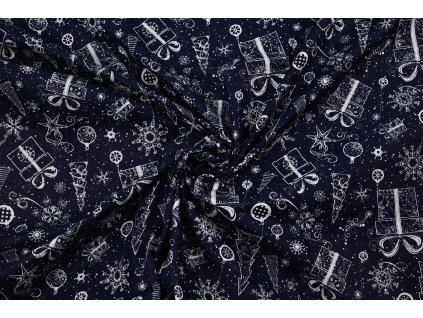 bavlnene platno vanocni bile kresby na tmave modre