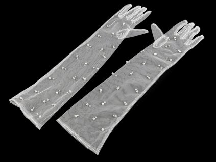 Dlouhé společenské rukavice tylové s perlami (Balení 1 pár, Varianta 1 bílá)