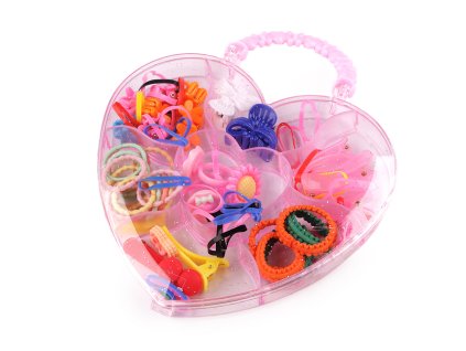 Sada vlasových ozdob a gumiček v boxu (Balení 1 krab., Varianta 1 mix srdce)