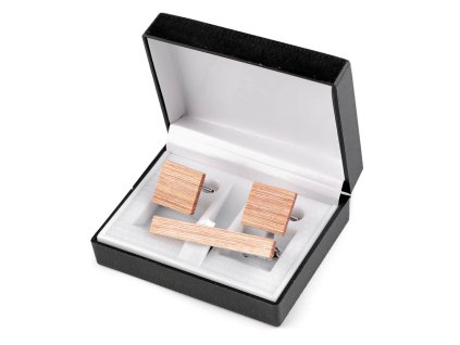 Dřevěné manžetové knoflíky a kravatová spona v dárkové krabičce (Balení 1 krab., Varianta 1 přírodní stř.)