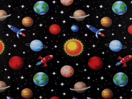 Bavlněná látka / plátno vesmír / planety (Balení 1 m, Varianta (225) černá)