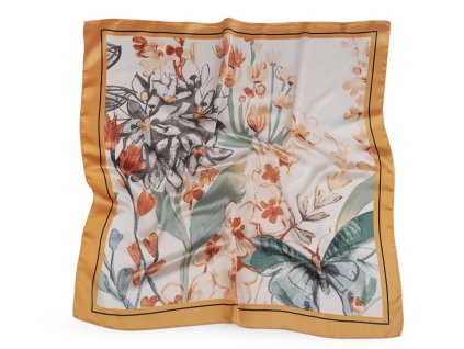 Saténový šátek květy a motýl 70x70 cm (Balení 1 ks, Varianta 1 béžová tm.)