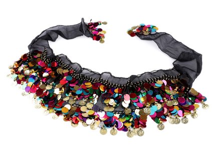 Shakira šátek s flitry a penízky monofilový 23x150 cm (Balení 1 ks, Varianta černá multikolor)