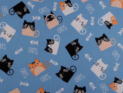 Bavlněná metráž / imitace lnu kočky (Balení 1 m, Varianta modrá)