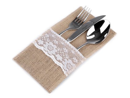 Jutová kapsa na příbory s krajkou 11x20 cm (Balení 2 ks, Varianta 1 režná přírodní)