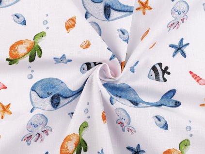 Bavlněná látka / plátno mořský svět (Balení 1 m, Varianta (941) bílá)