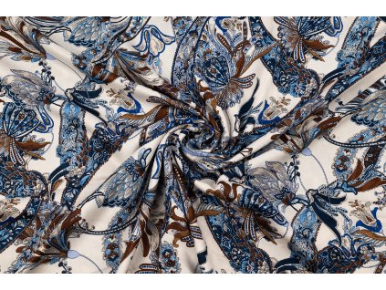 viskozova tkanina modro hnedy orientalni vzor na bezove