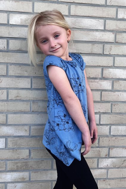 Dívčí rostoucí šaty-tunika-tričko FLOWERS blue (Velikost 1-2 roky)