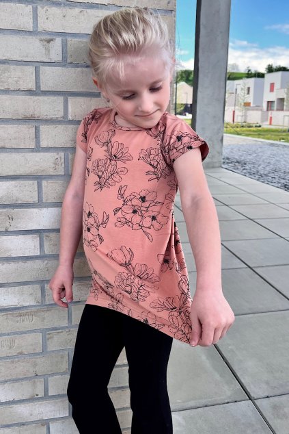 Dívčí rostoucí šaty-tunika-tričko FLOWERS rose (Velikost 1-2 roky)