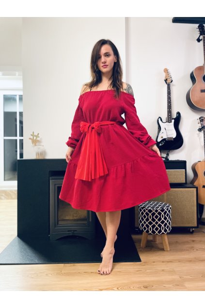 DÁMSKÉ Šaty OLIVIA RED mušelín (vhodné jako těhotenské) (Velikost Dámské XS/S)