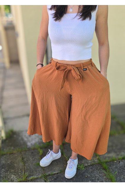 DÁMSKÁ mušelínová kalhotová sukně BRONZ (VELIKOST 34, DÉLKA MIDI- pod kolena)
