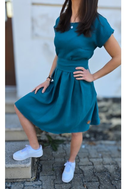 Mušelínové šaty KATE s kapsami SMARAGD (VELIKOST 34)