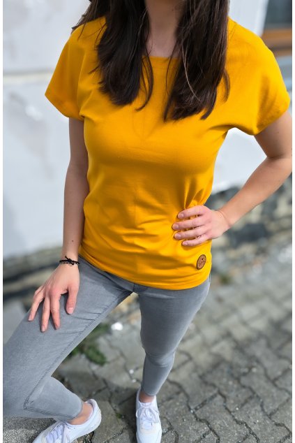 Dámské tričko s lodičkovým výstřihem MUSTARD (VELIKOST 34)