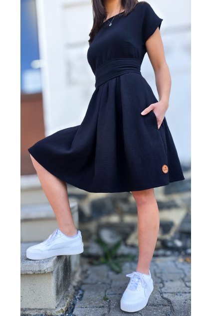 Mušelínové šaty KATE s kapsami BLACK (VELIKOST 34)