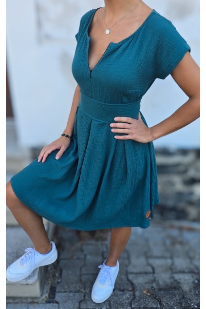 Mušelínové šaty KATE s kapsami SMARAGD kojicí (VELIKOST 34)