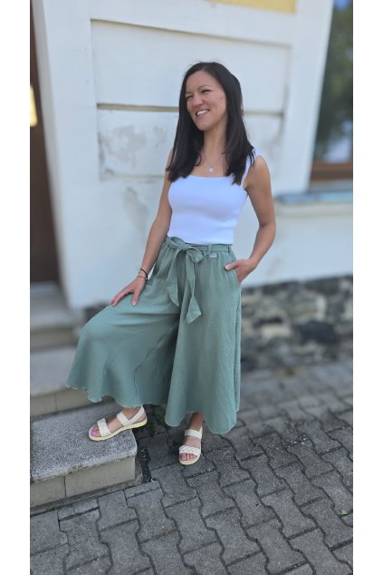 DÁMSKÁ mušelínová kalhotová sukně MENTOL (VELIKOST 34, DÉLKA MIDI- pod kolena)
