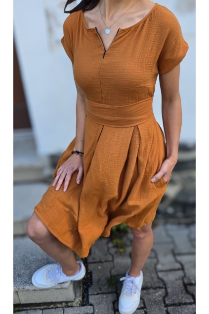 Mušelínové šaty KATE s kapsami BRONZ kojicí (VELIKOST 34)