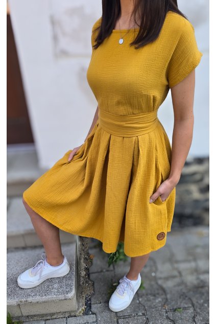 Mušelínové šaty KATE s kapsami MUSTARD (VELIKOST 34)