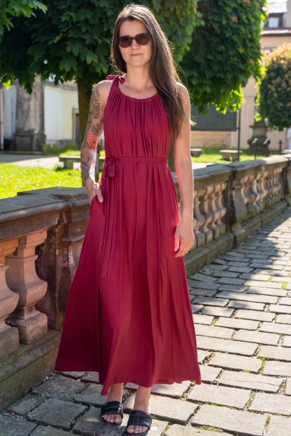 Letní kojící maxi šaty bordo šaty na ramínka společenské