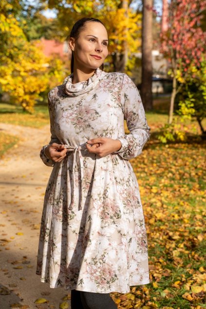 Zimní bambusové kojicí šaty se skrytými zipy | Květované béžové | Jsem máma