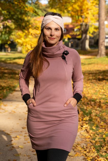 BIO kojicí mikinové šaty se skrytými zipy a límcem ke krku, starorůžové | Jsem máma