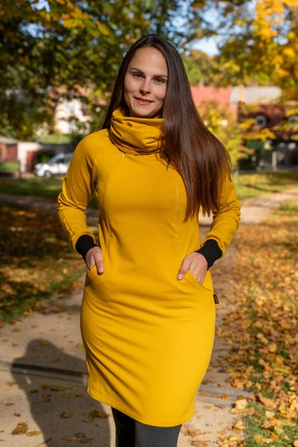 BIO kojicí mikinové šaty se skrytými zipy a límcem ke krku, hořčicově žluté | Jsem máma