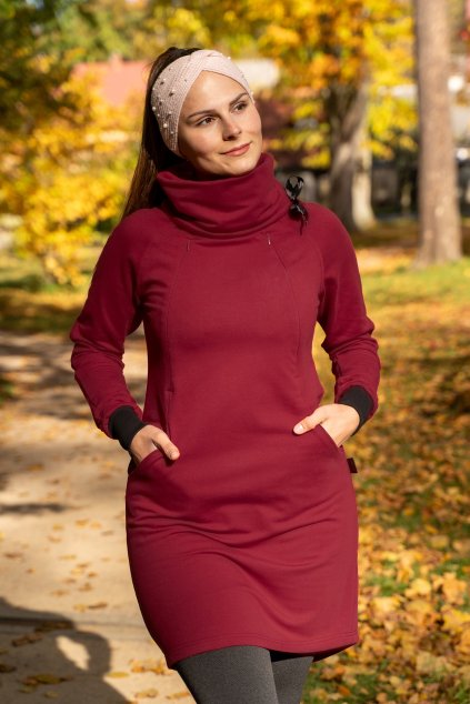 Kojící mikinové šaty bio bavlna červené se skrytými zipy