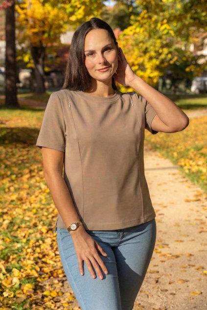 Bavlněné kojicí tričko se skrytými zipy – cappuccino | Jsem máma