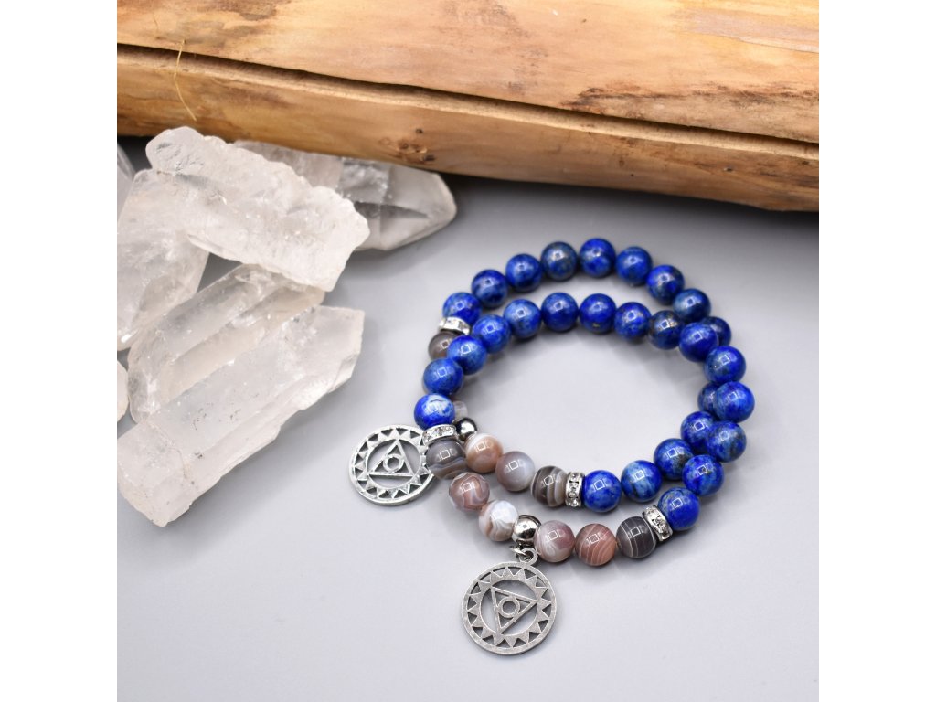 Náramek z minerálů INSPIRACE A KREATIVITA 5. čakra - Višuddhi - lapis lazuli, botswanský achát, chirurgická ocel