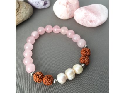 Náramek z minerálů SÍLA LÁSKY - růženín, Rudraksha, říční perly, chirurgická ocel